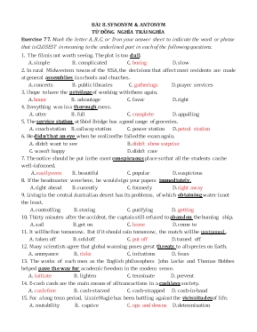 Bài tập Tiếng Anh Lớp 12 - Bài 8 Synonym & Antonym (Từ đồng nghĩa - trái nghĩa)